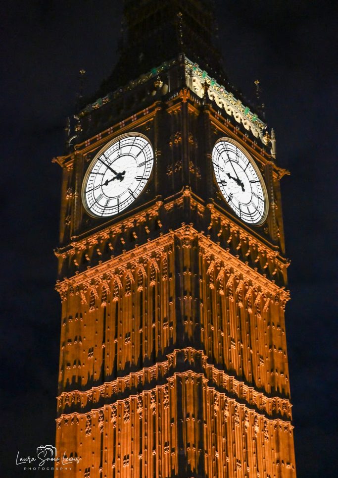Big Ben at night, illuminated with a warm glow, showcasing its iconic clock face.