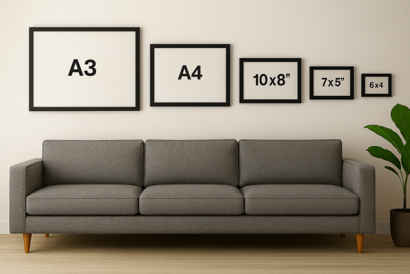 A grey sofa with various framed pictures of different sizes on the wall above it.