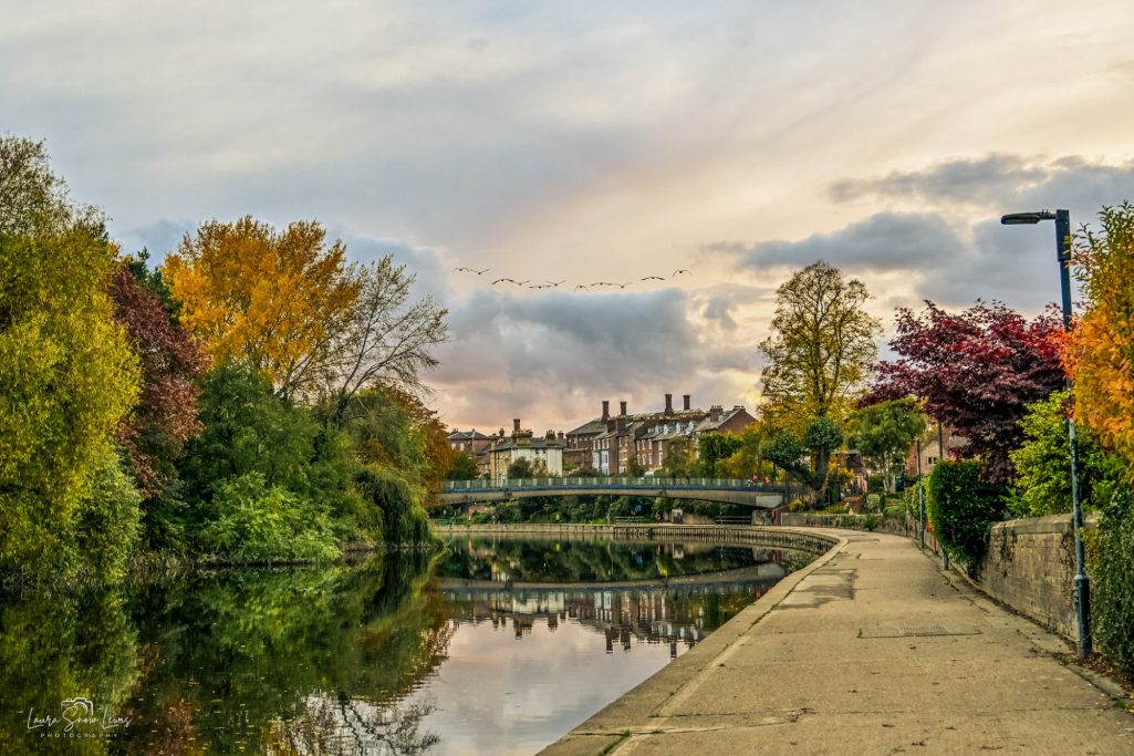 Serene riverbank with autumn foliage and a cloudy sky reflected in the water.