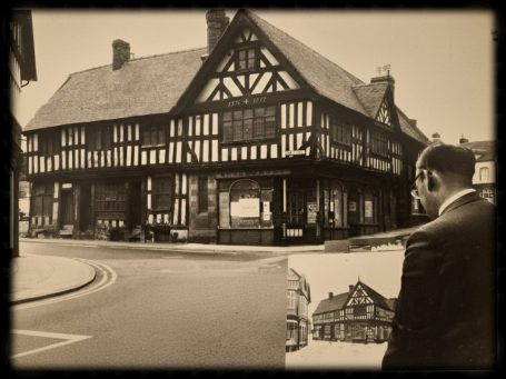 Historic timber-framed building with a man standing in front, old-fashioned street scene.